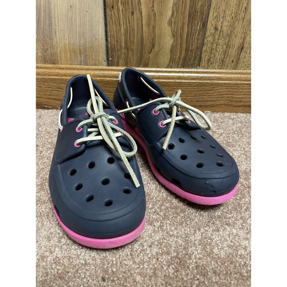 Crocs Kid Girls Shoes Beach Line Boat Shoes J4 (BIG Kid) Lace Up‎ Blue Pink Tie